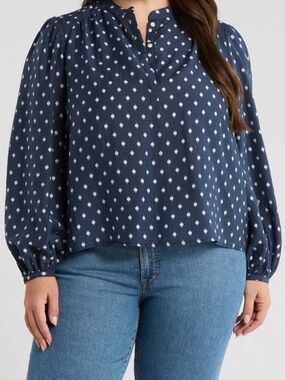 Caslon Embroidered Inset Top Blouse Plus 2x Polka Dot Tencel Lyocell Preppy